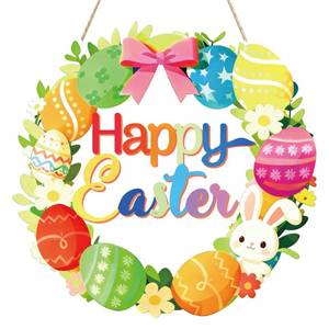 lot 12080 image: Easter Decoration Wooden Wreath for Front Door Sign Happy Easter Bunny Eggs Spring Decoration, Rabbit Sign Welcome Hanging Wall Signs for Home Wall Decor Party Outdoor Indoor