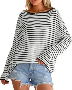lot 12118 image: Arach&Cloz Womens Linen Blend Beach Sweater Spring Summer Fall Tops Vacation Outfits Striped Long Sleeve Boat Neck Off The Shoulder Casual Lightweight Oversized Resort Wear 2026 White Black S