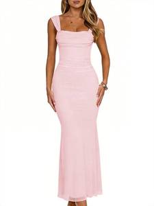 lot 12144 image: Misng Womens Sexy Bodycon Mesh Backless Maxi Dress Sleeveless Square Neck Wedding Guest Cocktail Party Long Dresses, X-Small, Pink