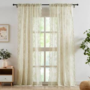 lot 13477 image: Bujasso Beige Lace Curtains Vintage Floral Beige Sheer Curtains 95 inch Rod Pocket Light Filtering Country Victorian Scalloped Beige Lace Sheer Drapes for Living Room Bedroom 2 Panels 54 Wx95 L