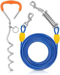 lot 13481 image: Petbobi Dog Tie-Out Cable and Stake - 50ft Heavy Duty Cable with Spring, No Tangle, 16in Ground Stake, Ideal for Outdoor Yard, Camping, Suitable for Small Medium Large Dogs Up to 120 lbs, Blue