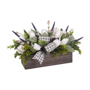 lot 13489 image: Spring Table Decor Faux White Tulips Arrangement, Spring Easter Tabletop Floral Centerpiece, Artificial Tulip Lavender Eucalyptus Boxwood and Bow in Rectangular Wood Box for Home Decoration, 14in