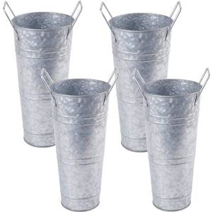lot 13494 image: ZOOFOX Set of 4 Galvanized Metal Vases, 9 Farmhouse French Bucket with Handles, Rustic Style Metal Flower Holder for Home and Wedding Table Centerpiece Decor, with Plastic LinerInsert Included
