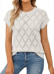 lot 14090 image: SHEWIN Sweaters for Women Crew Neck Womens Short Sleeve Tops Lightweight Womens Blouses Pullover Knit Cute Shirts Loose Fits Casual Outfits Hollow Out Summer Tops for Women, US 18-20(2XL), White