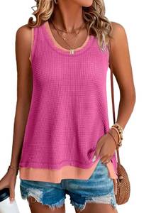 lot 14113 image: BLENCOT Womens Summer 2025 Sleeveless Scoop Neck Waffle Knit Tank Tops Casual Loose Tunic Shirts Bright Pink XL