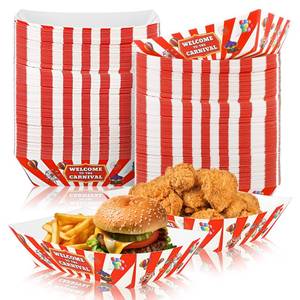 lot 14115 image: Tenceur 100 Pcs Carnival Paper Food Trays 2lb Carnival Decorations Red and White Stripe Nacho Bowls Hot Dog Boats Food Containers Disposable Plates for Circus Theme Birthday Parties
