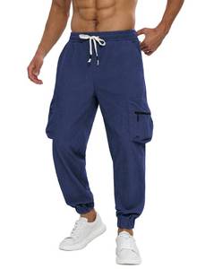 lot 14141 image: APTRO Mens Corduroy Pants Cargo Casual Trousers Baggy Tapered Elastic Waist Joggers with Drawstring and Zipper Pockets DXR05 Navy Blue XL