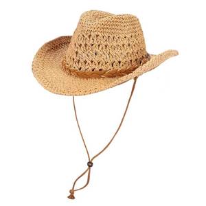 lot 14162 image: Straw Cowboy Hat for Women Men Wide Brim Sun Beach Hat with Chin Strap Breathable Western Cowgirl Cap for Outdoor Travel