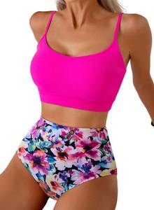 lot 14168 image: Herseas Womens Two Piece High Waisted Bikini Sets Spaghetti Swim Top 2026 Swimsuit Cheeky Reversible Bottom Colorful Floral Print Bathing Suit Sporty Swimwear Hot Pink XX-Large