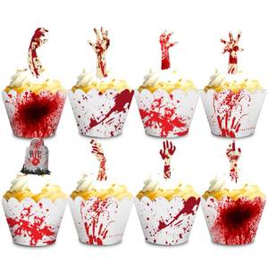 lot 14173 image: 48 Pieces Halloween Cupcake Toppers Cupcake Wrappers Kit Bloody Zombie Hand Cake Decoration for Halloween Party Kitchen Cupcake Baking