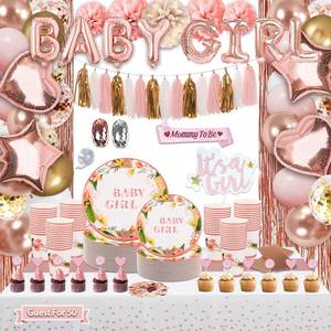 lot 17482 image: Guudmua 301Pcs Baby Shower Decorations For Girl, Girl Baby Shower Decorations Kits - Disposable Dinnerware Set With Pink Rose Gold Floral (50 Guest), BABY girl Banner, Balloon, Sash, Cake Topper