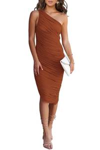 lot 18246 image: PRETTYGARDEN One Shoulder Dresses for Women 2026 Summer Ruched Mesh Asymmetrical Cocktail Wedding Guest Bodycon Dress (Caramel,Large)