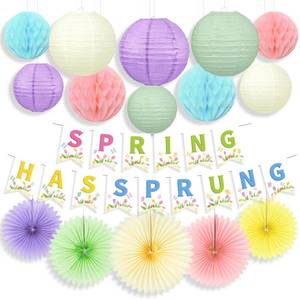 lot 18253 image: 16Pcs Spring Hanging Decorations Set - Spring Banner, Pastel Paper Lanterns, Fans & Honeycomb Balls �� Hanging Spring Decorations for Ceiling, Classroom, Office, Birthday