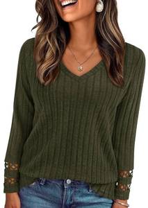 lot 18254 image: PRETTYGARDEN Womens Long Sleeve Shirts Ribbed Knit V Neck Tee Dressy Casual Blouses Going Out Tunic Tops 2026 Fall Outfits (Army Green,Large)