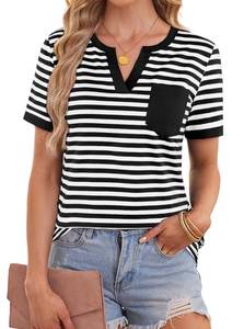 lot 18259 image: LilyCoco Striped Shirt Women V Neck T Shirts Short Sleeve Summer Tops with Pocket Black X-Large