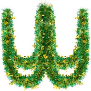 lot 19712 image: 39.4 Feet 6Pcs St. Patricks Day Shamrock Clover Tinsel Garland - Green Gold Metallic Twist for Irish Party Home Outdoor Indoor Window Tree Decoration