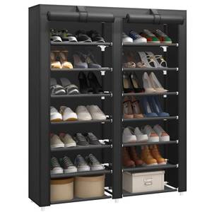 lot 19721 image: JIUYOTREE 7-Tier Shoe Storage Organizer with Dustproof Cover - Closet Cabinet Shelf Holds up to 28 Pairs - For Doorway, Corridor, Balcony, Living Room - Black
