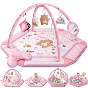 lot 19725 image: Baby Gym Play Mat, 8-in-1 Tummy Time Mat & Ball Pit with 6 Toys, Washable Baby Activity Mat for Visual, Hearing, Sensory, Motor Development, Babies Gift for Newborn Infant 0-3-6-9-12 Months (Pink)