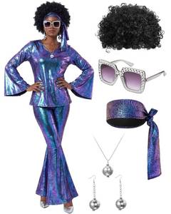 lot 19744 image: Jexine 70s Women Disco Outfit Costume Disco Party Top Pants Sunglasses Ball Necklace Earring Wig for Halloween New Year Eve(Laser Purple,Medium)