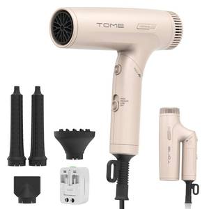 lot 19750 image: TOME Dual Voltage Travel Hair Dryer, Foldable Blow Dryer, DC Motor, 1200W Fast Drying, Cool Shot, 3 Heat 3 Speed, Nozzle, Diffuser, Air-Powered Wrap Wands, 120��240V Universal Adapter Red (Black)