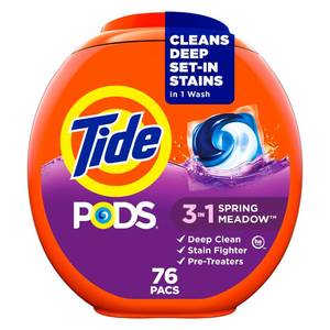 lot 19755 image: Tide PODS laundry detergent pacs, 3-in-1 Stain Remover, Odor Fighter, Color Protector, 76 Count, HE compatible, Spring Meadow Scent