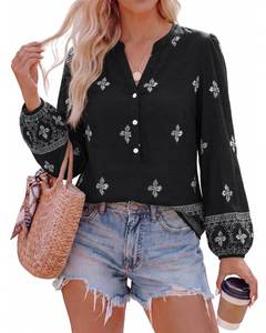 lot 20033 image: BTFBM Womens Tops Spring Casual Long Sleeve Shirts Button Up V Neck Bohemian Blouses Loose Tunics Vacation Outfits(Black White Floral,XX-Large)