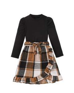 lot 20038 image: Yhnslsf Girls Clothes, Fall Outfits 2 Piece Skirt Set Black Long Sleeve Ruffle Sleeve Top Dark apricot Irregular Pleated Plaid Shorts Skirt Set Winter Preppy Clothing for Teen Girl (Size 7-8Years)