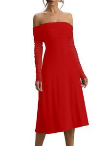 lot 20041 image: HOCILLE Womens Sexy Off The Shoulder A Line Midi Dresses Long Sleeve Elegant Formal Wedding Guest Party Cocktail Dress, Small, Red