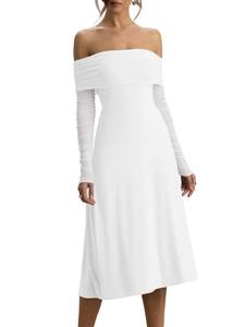 lot 20049 image: HOCILLE Womens Sexy Off The Shoulder A Line Midi Dresses Long Sleeve Elegant Formal Wedding Guest Party Cocktail Dress, X-Large, White