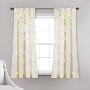 lot 20052 image: Lush Decor Riley Light Filtering Window Curtain Panel, Single 54 W x 63 L, Ivory - Cute Curtains for Bedroom - Bow Decor - Coquette Curtains for Windows