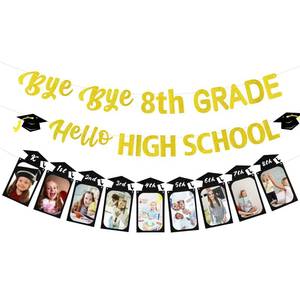 lot 20060 image: 8th Grade Graduation Decorations 2026 Banner Kit, Bye Bye 8th Grade Hello High School Photo Banner, K8th photo Frame Middle School Graduation Party Decorations for Teen Girls (Black gold)