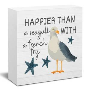 lot 20061 image: Happy Summer Sign Decor Summer Decorations for Home Funny Seagull Wooden Box Sign Desk Accessories Home Office Beach House Bedroom Bathroom Decor 5 X 5 Inch