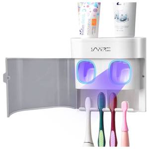 lot 20080 image: Boperzi Toothbrush Holder Wall Mounted Toothpaste Dispenser Gray Dustproof Cover for Shower Bathroom Set with 2 Toothpaste Squeezers (Not Electric)