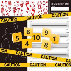 lot 20084 image: TICIAGA 29pcs Crime Scene Decors Kits, Body Silhouette Crime Scene Tape Evidence Markers and Bloody Sticker and Photo-Booth Props with Height Chart Backdrop Poster, Home for Crime Scene Party Decors