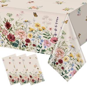 lot 20101 image: 3 Pcs Spring Floral Tablecloth, Butterfly Wildflower Plastic Disposable Tablecloth Rectangle Table Covers for Easter, Birthday, Wedding, Mothers Day Tea Party Supplies and Decorations,54 x 108 Inch