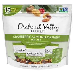 lot 20132 image: Orchard Valley Harvest Cranberry Almond Cashew Trail Mix, 1 Ounce Bags (Pack of 15), Cranberries, Almonds, and Cashews, Non-GMO, No Artificial Ingredients (B07RWSSLWB)