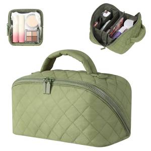 lot 20138 image: Makeup Bag for Women, Wide Open Lay-Flat Cosmetic Case, Festivalment Makeup Bag, Spacious 180° Open Cosmetic Organizer for Toiletries & Brushes Large Capacity with Compartments (Green)