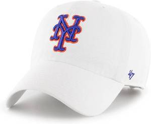 lot 20164 image: 47 MLB White Team Color Primary Logo Clean Up Adjustable Strap Hat Cap, Adult One Size Fits All - New York Mets White