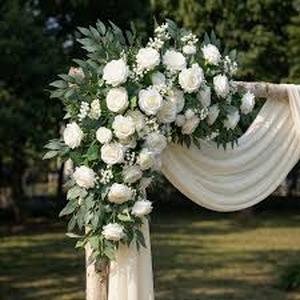 lot 11133 image: Chiffon Arch Curtain Swag Ivory Green Flower White Curtain 3Pcs
