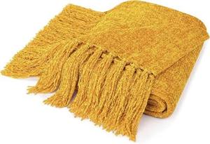 lot 19767 image: Gold Textured Throw Blanket with Fringe Trim