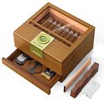 TISFA Cigar Box Handcrafted Humidor with Hygrometer and Humidifier, Cedar Wooden Humidor Case with Drawer, Divider, Cigar Length Gauge, Desktop Humidor Box Gifts Cigar Accessories (Light)