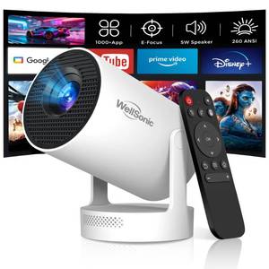 lot 1614 image: ��Built-in APPS&Electric Focus��WellSonic Mini Projector with Wifi and Bluetooth, Portable Projector 1080P Support, 5W Speaker, Auto Vertical Keystone&180°Rotatable, Smart Proyector for Movie Home