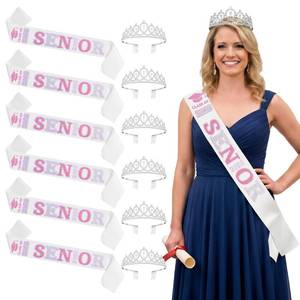 lot 1627 image: Janinka 6 Pcs Senior Sash 2026 Graduation Satin Sash with Glitter Letter Silver Crown Tiaras Cheer 2026 Gifts for Graduation Party Cheerleader Prom Photos Celebration(Pink)