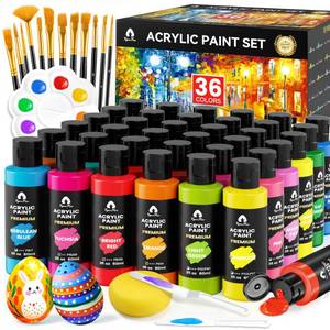 lot 1628 image: 52 Pcs Acrylic Paint Set - 36 Colors (2oz60ml) with 12 Brushes, 2 Knives & Palette - Rich Pigments for Adults, Artists & Beginners - Painting on Pumpkin Canvas Ceramic Rock Wood