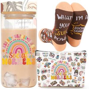 lot 1633 image: Shejdgart Social Worker Appreciation Gifts - 3 Pcs Social Worker Gifts, 16oz Glass Cup Makeup Bag Socks Gift Set for Women, Unique Thank You Gift Ideas for School Office Coworker