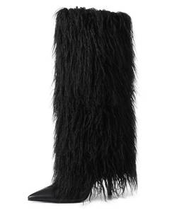 lot 1638 image: INSMIA Black Fur Boots for Womens 2025 Knee High Fold Over Tall Boot Wide Calf Pointed Toe Stiletto High Heel Fall Winter Boots for Wedding Size 9