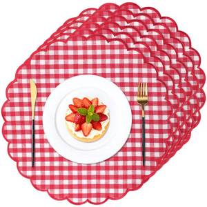 lot 2268 image: Gandeer Set of 6 Round Placemats 15 Inch Cotton Scalloped Embroidery Placemat Washable Double Layered Rustic Dinner Table Mat Decor Fabric for Hotel Restaurant Kitchen(Red,Plaid)
