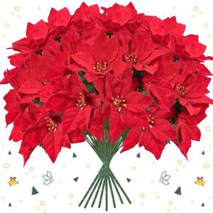 lot 2271 image: Homcomoda Christmas Red Artificial Flower Faux Poinsettia Bush Fake Flowers for Holiday Wedding Home Decoration 7 Heads 8 Bouquets