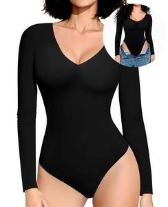 lot 2326 image: Upushall Long Sleeve Bodysuits for Women Sexy Thong V Neck Body Suits Double Lined Bodysuit, Black L