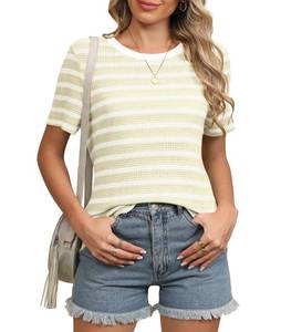 lot 2337 image: LILBETTER Short Sleeve Shirts for Women 2025 Summer Loose Fit Pullover Tops Basic Casual Striped Fashion Blouses Beige S
